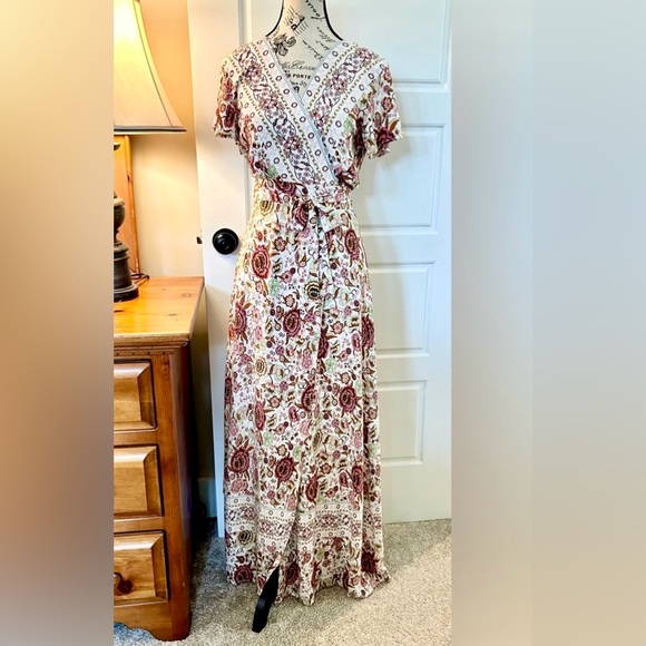 ECOWISH Wrap V Neck High Split Maxi Floral Boho Feminine Dress Women’s Small - Picture 15 of 15